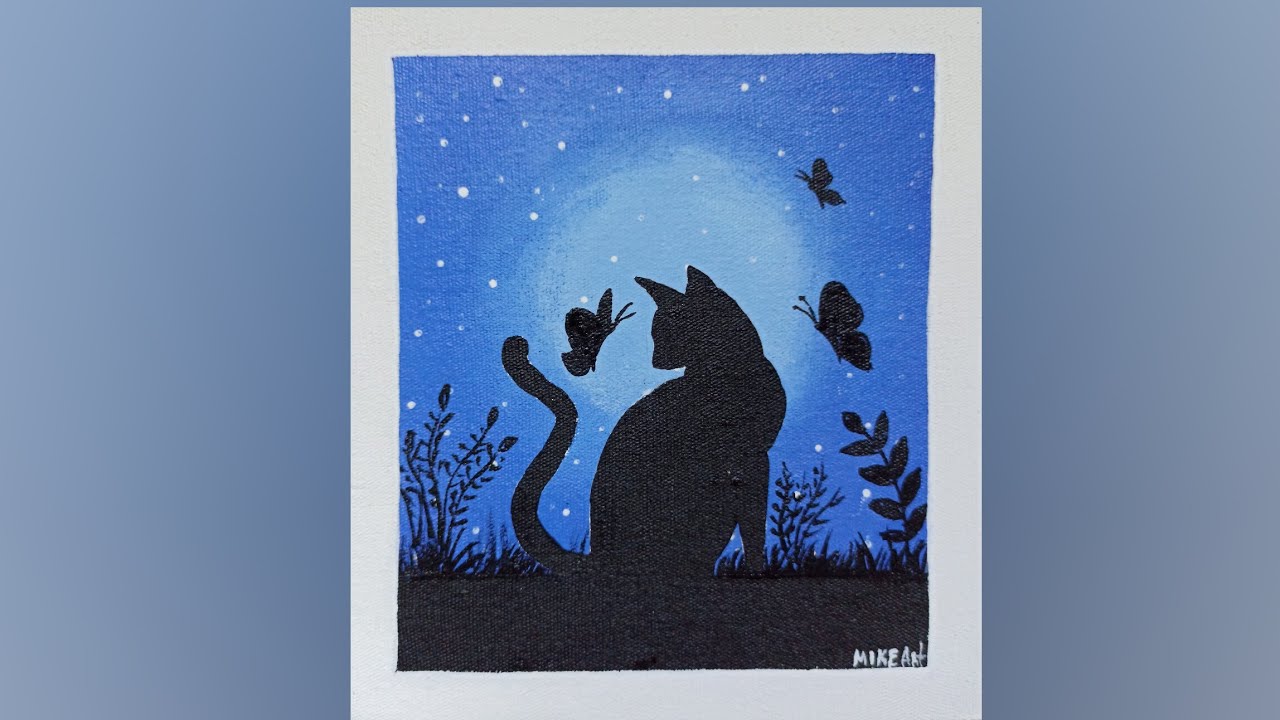paisaje nocturno con la silueta de un gatito con pinturas acrílicas 😊🥰 #art #gatos