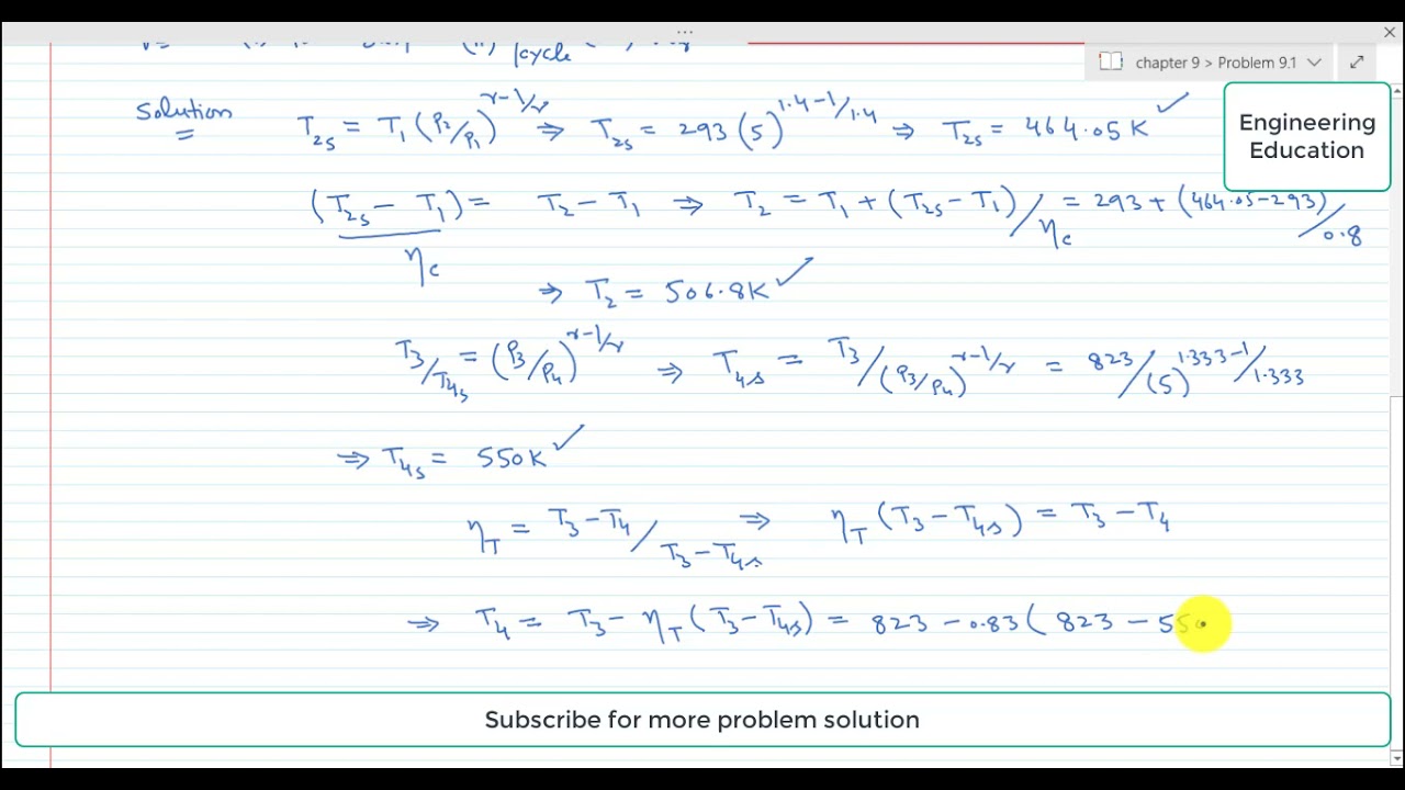 Problem#9.1:Calculating power output, cycle efficiency and work ratio of Open-cycle gas turbine unit