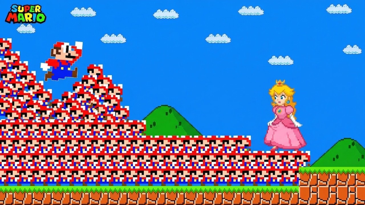 Super Mario Bros. but 999 Tiny Mario guide giant BUTT Peach to Toilet | Mario MGS