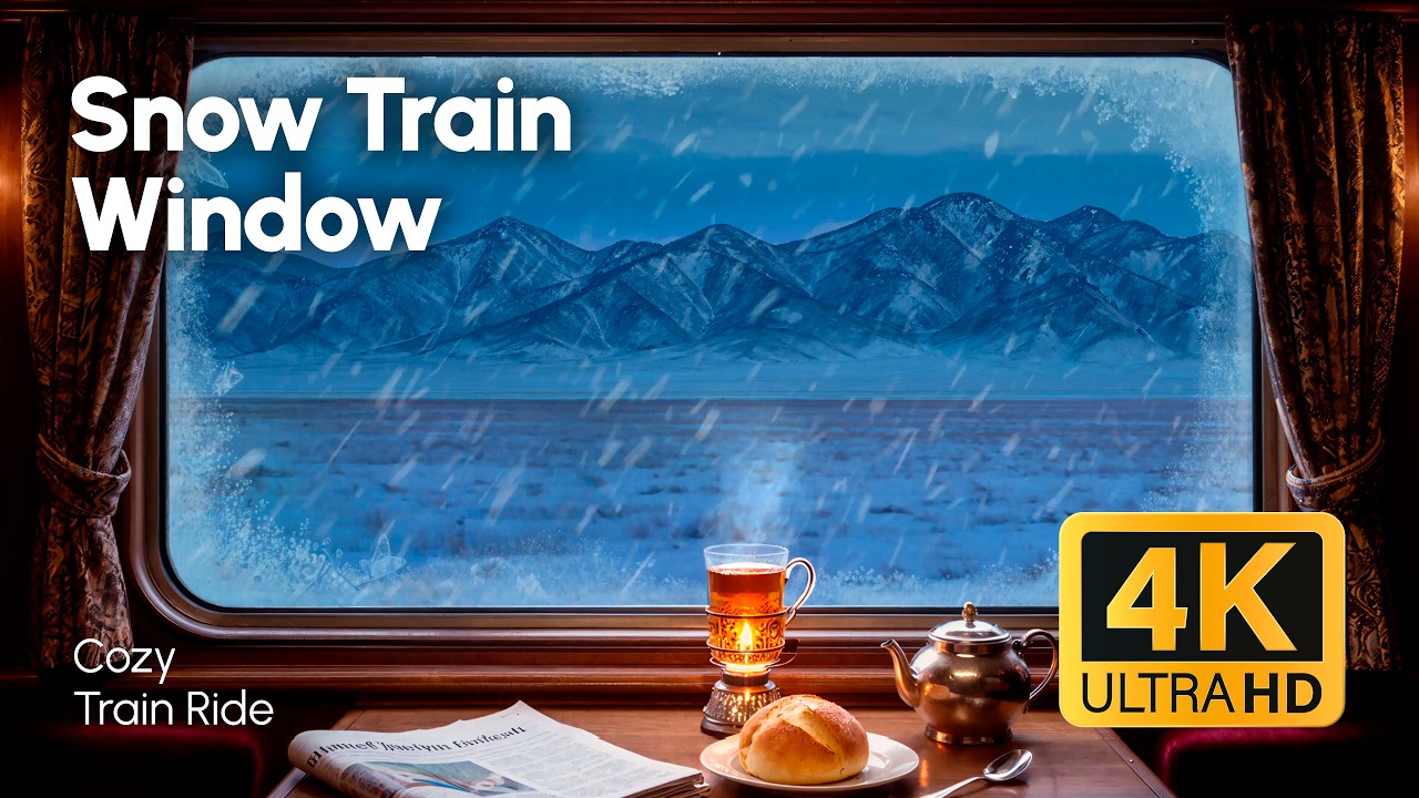 Cozy Retro Train Window in Snowstorm | Train Ride Ambience with Tea, Snowy Steppe & Mountains (4K)