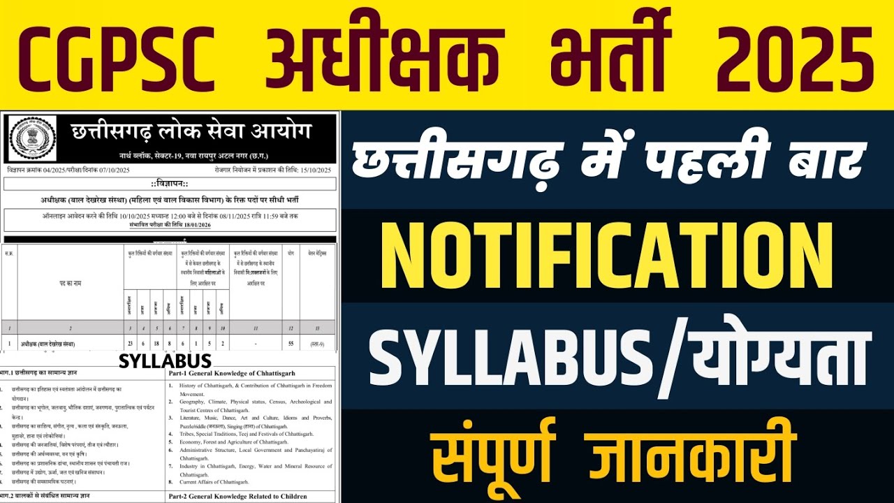 CGPSC अधीक्षक भर्ती 2025 SYLLABUS/CGPSC SUPERINTENDENT 2025 YOGYATA/CGPSC NEW VACANCY NOTIFICATION