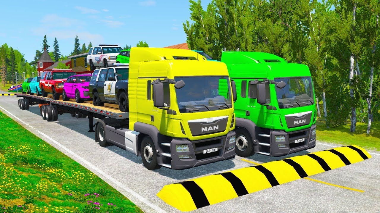 Flatbed Trailer Truck Potholes Transport Car Rescue - Cars vs Deep Water - BeamNG.drive