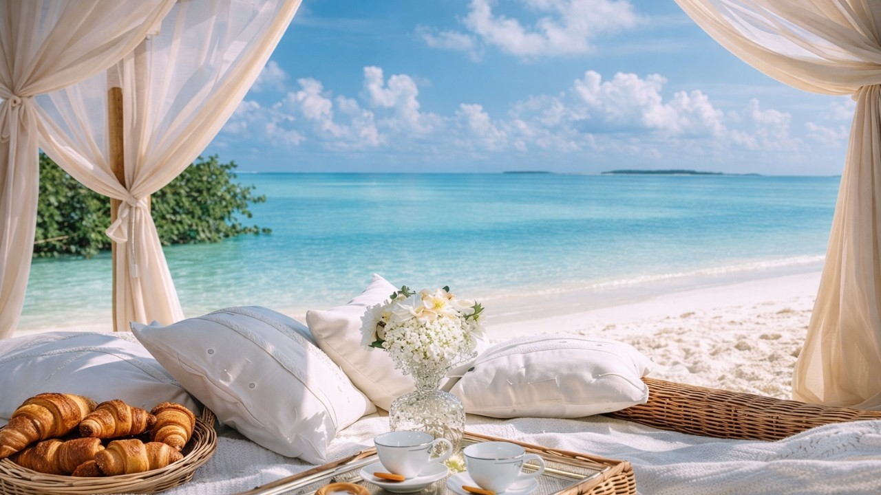 Cozy Morning Beach Cafe Ambience ~ Happy Bossa Nova Jazz & Ocean Wave Sounds to Relaxing, Working