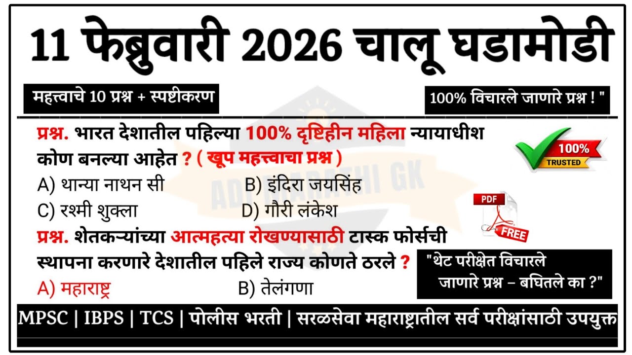 11 February | Current Affairs Today | Chalu Ghadamodi 2026 #chalughadamodi #policebharti #marathigk