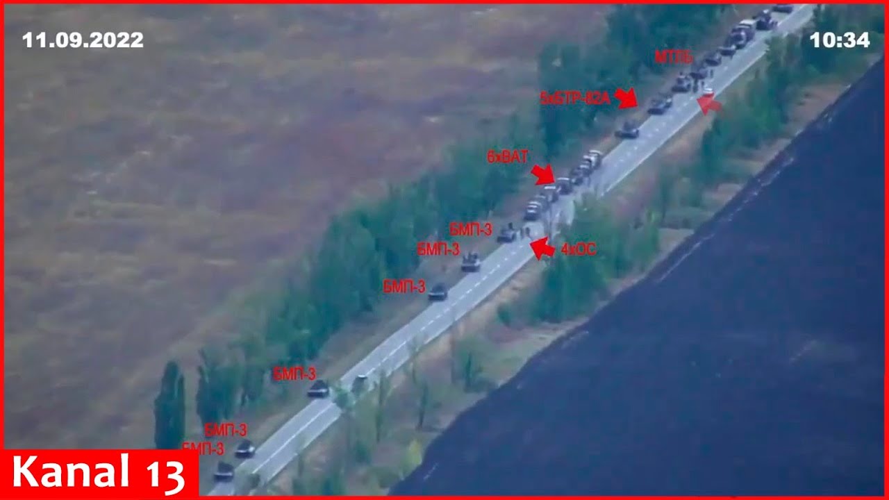 A large Russian convoy destroyed by the Ukrainian army in the city of Kupyansk - archival footage