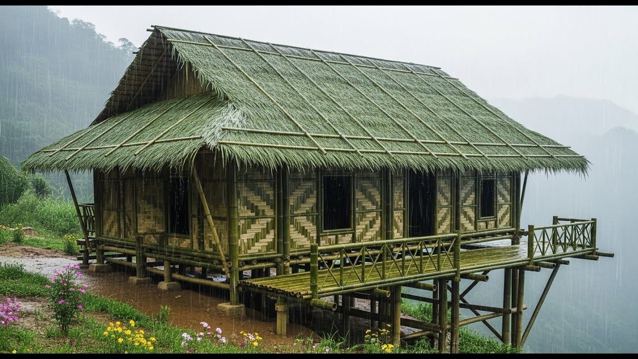 Bamboo Cabin Build During Storm &ndash; Nature Tested Her Limits #alone #diy #viral #bushcraft
