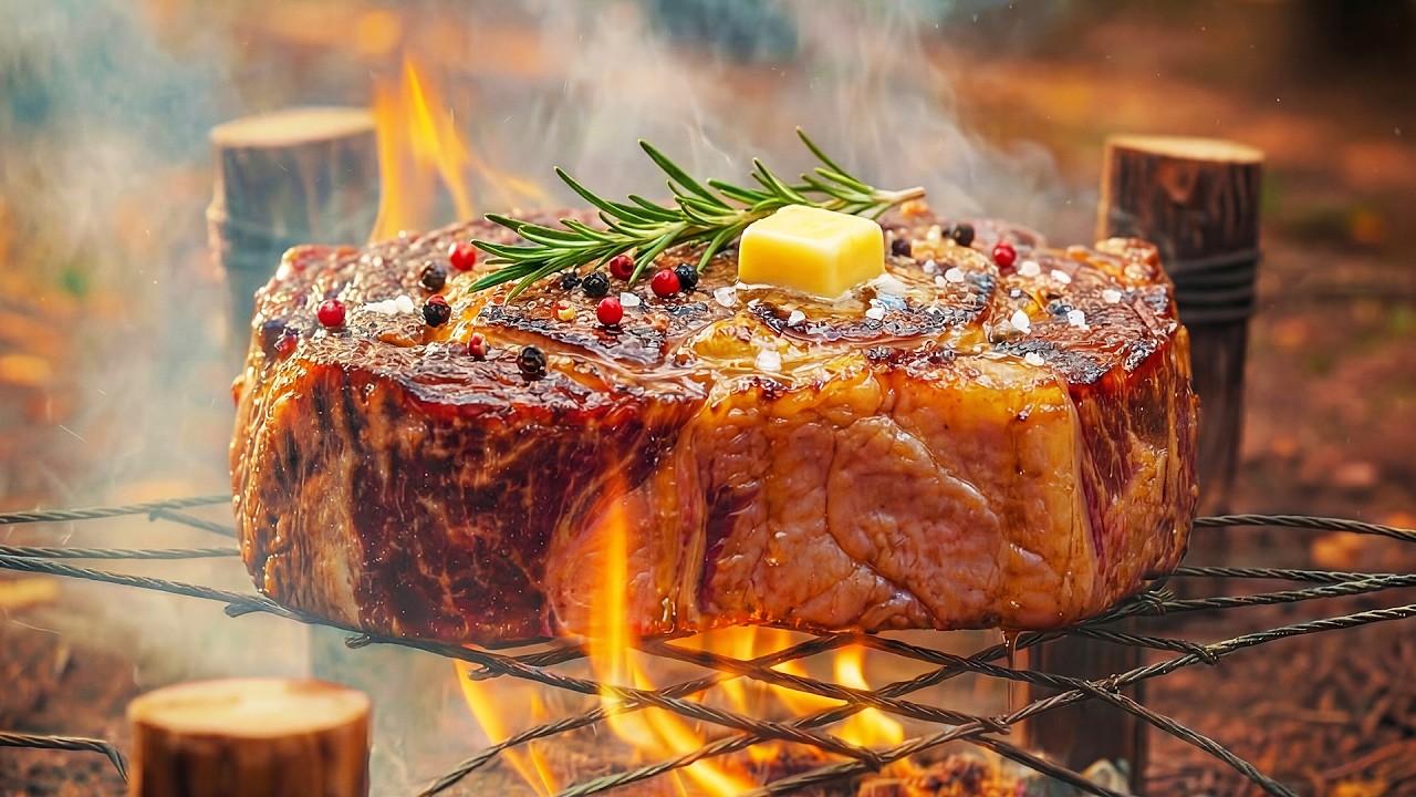 Forest Fire Steak Dinner | Relaxing Primitive ASMR Cooking