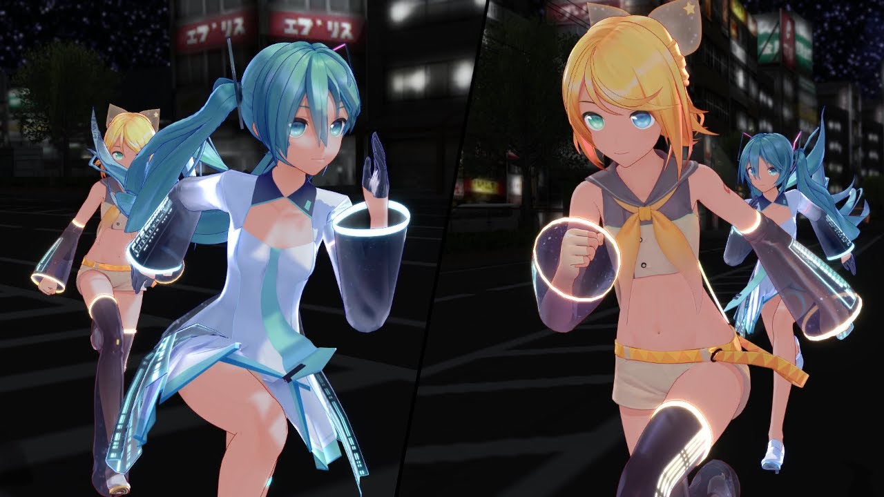 【MMD】初音ミクと鏡音リンが深夜の街中で競走する動画