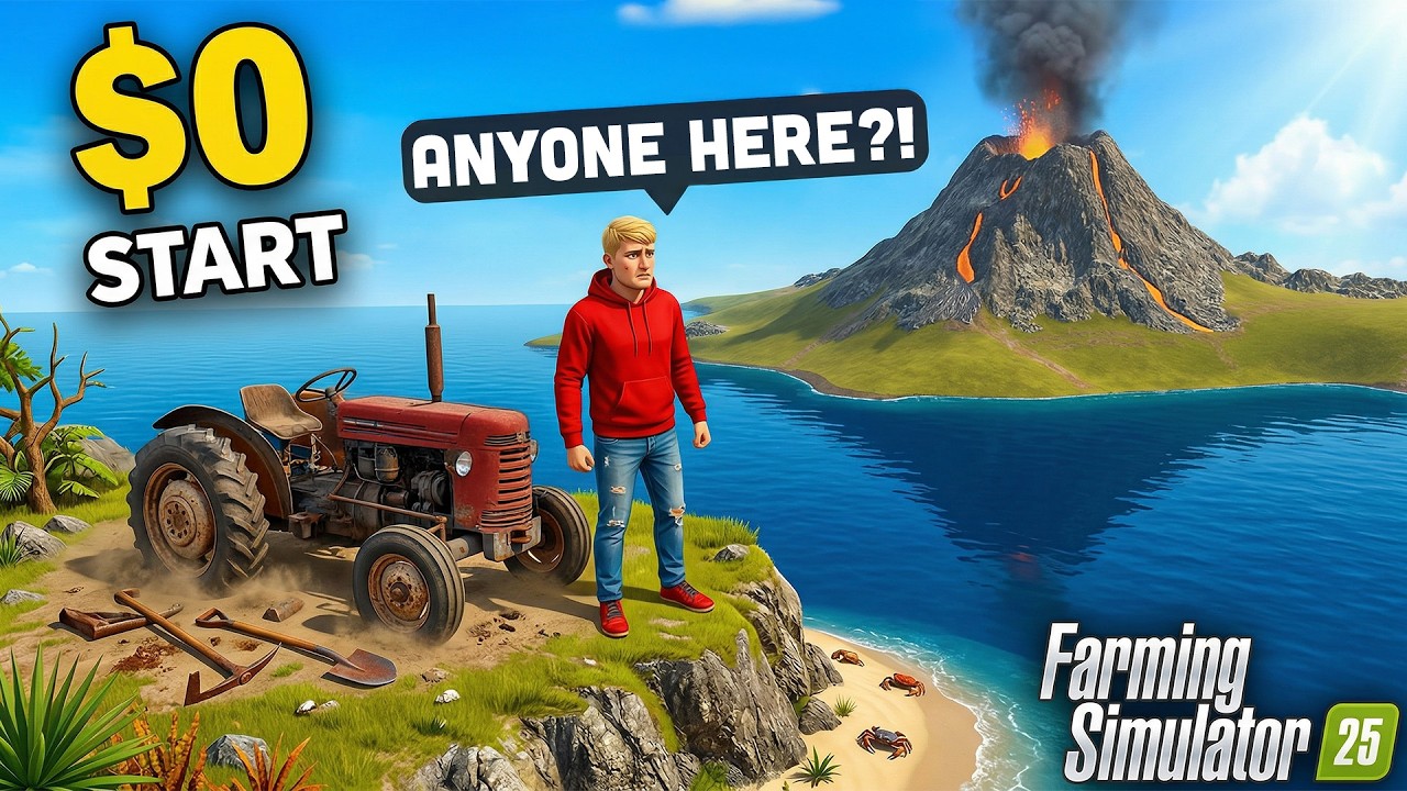 0$ START: Alone on Volcano Island… ❌ Survival Begins 🌋🚜 #1