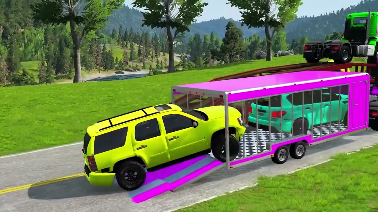 Flatbed Trailer McQueen Transportation with Truck - Speedbumps vs Cars vs Train - BeamNG.Drive #5
