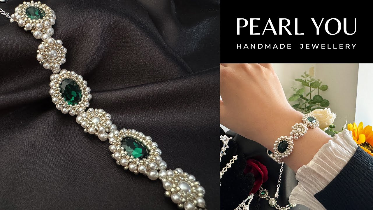 Vintage! Green Oval Gemstone Pearl Bracelet Tutorial, Deed Beads and Delica Jewellery Design