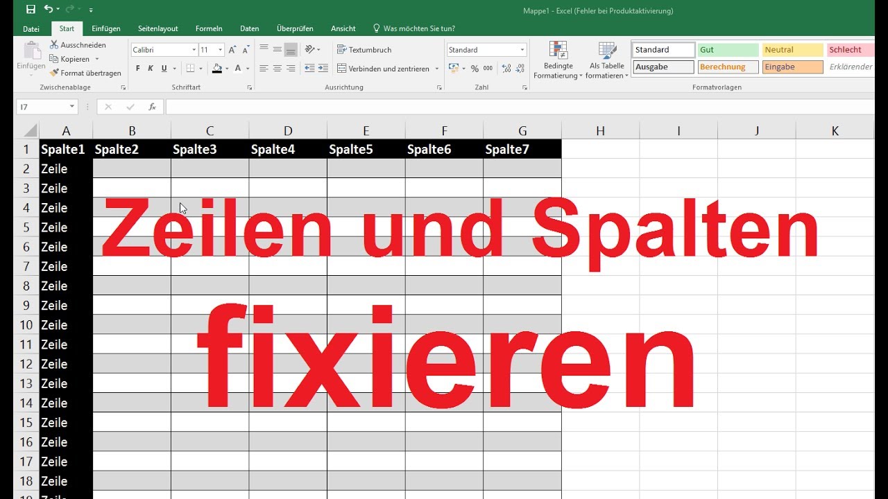 Excel 2016, 2013: Zeilen und Spalten fixieren - Tutorial [einfrieren, Beispiel, einfach erklärt]