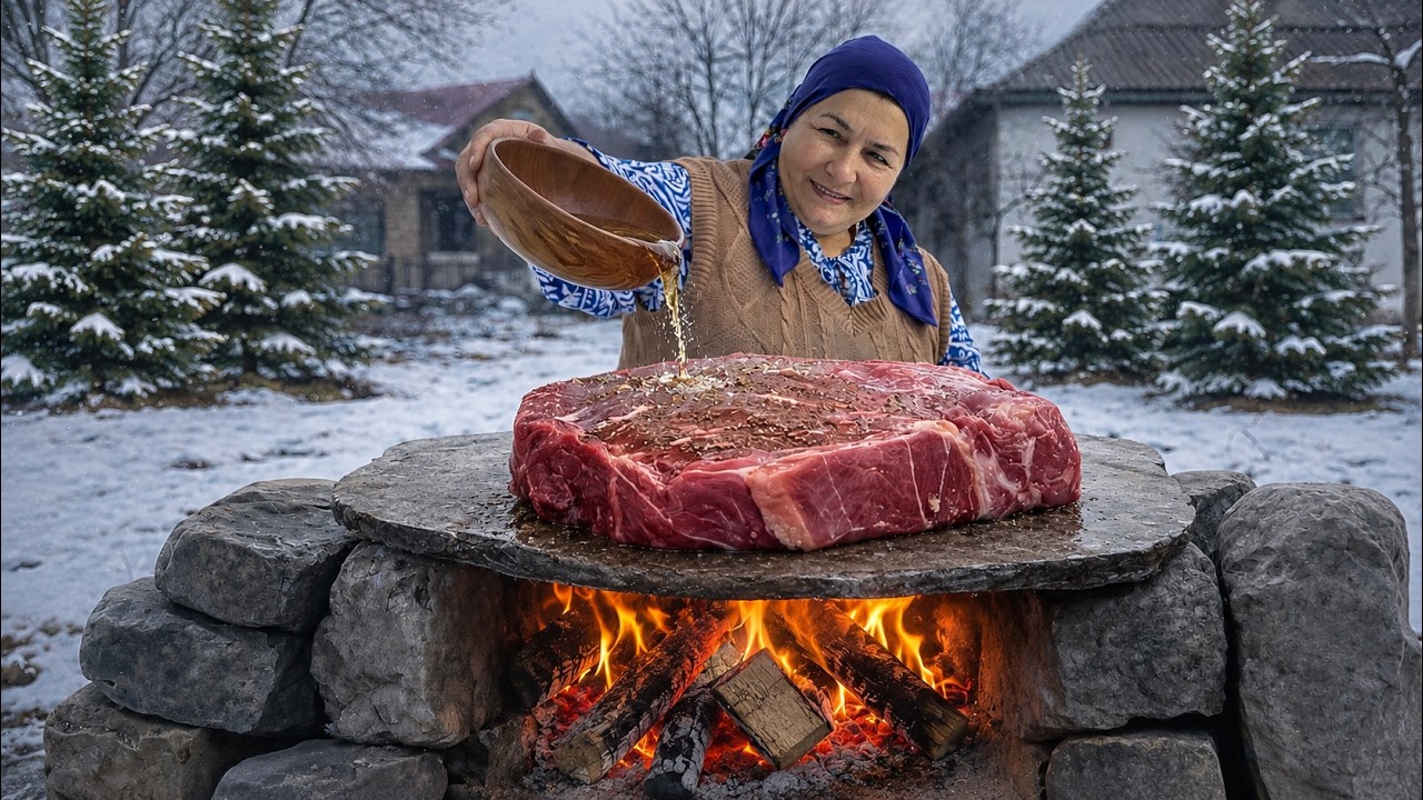 Cooking a Giant Beef Round  Steak on Hot Stone &ndash; Unreal Flavor!