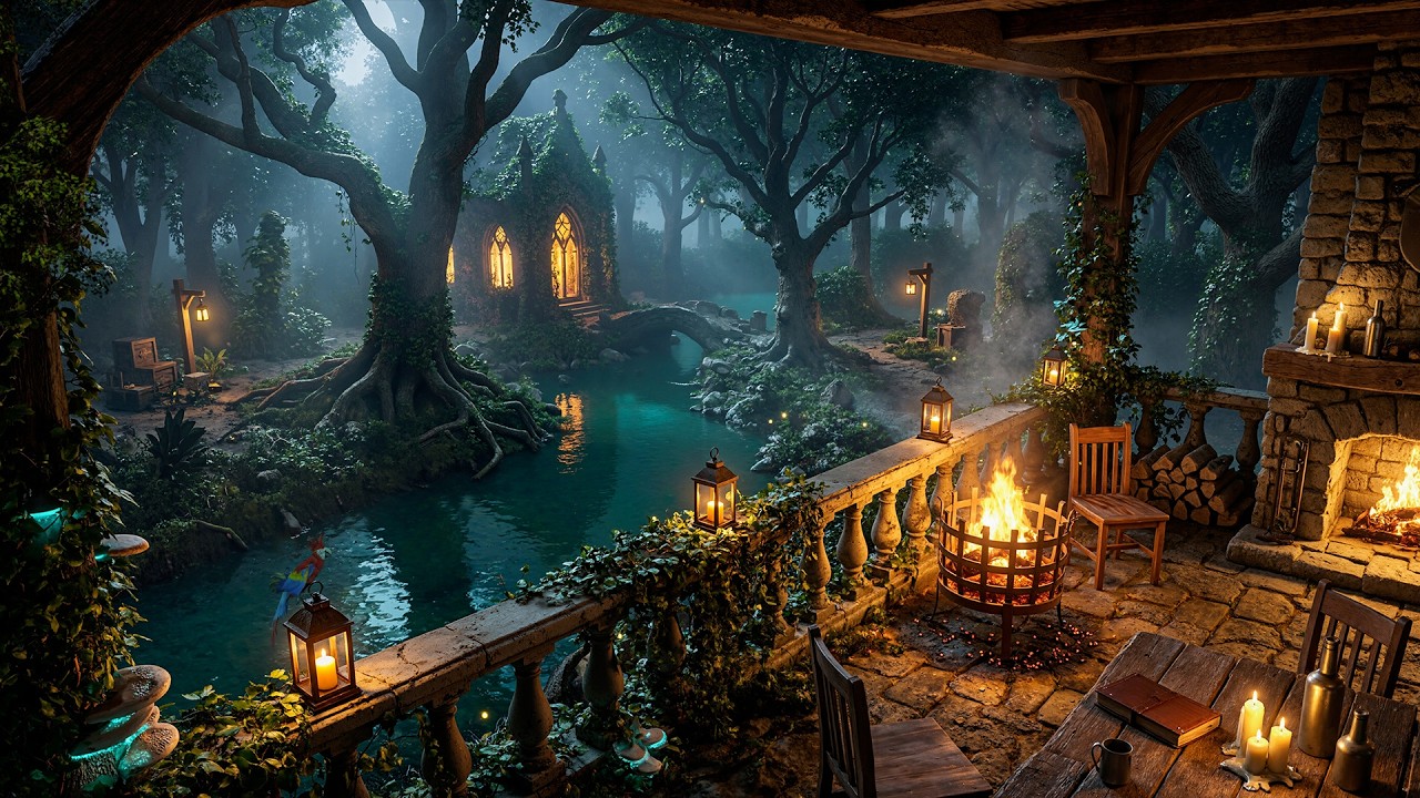 Enchanted Woodland Balcony by the River – Relaxing Fantasy Forest, Crackling Fire & Nature Sounds