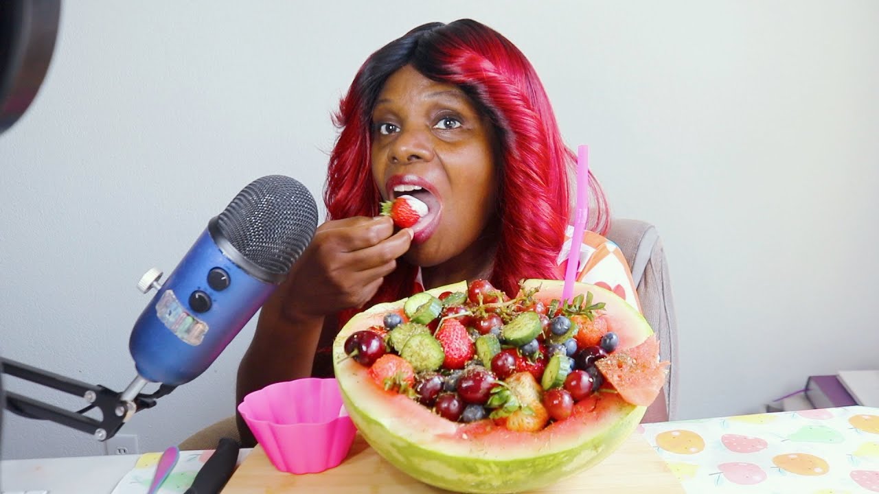 Fruit Salad With Watermelon Bowl ASMR Eating Sounds
