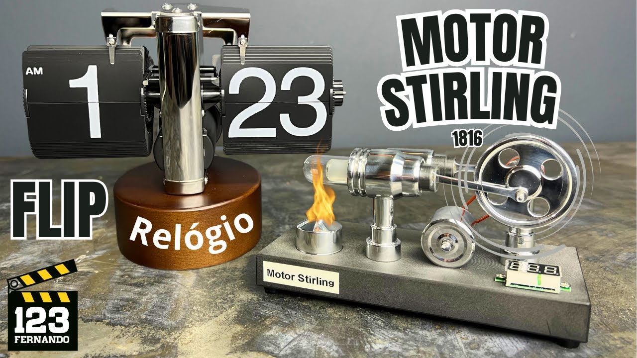 Educativo e decorativo MOTOR STIRLING que gera energia e RELÓGIO FLIP de mesa.