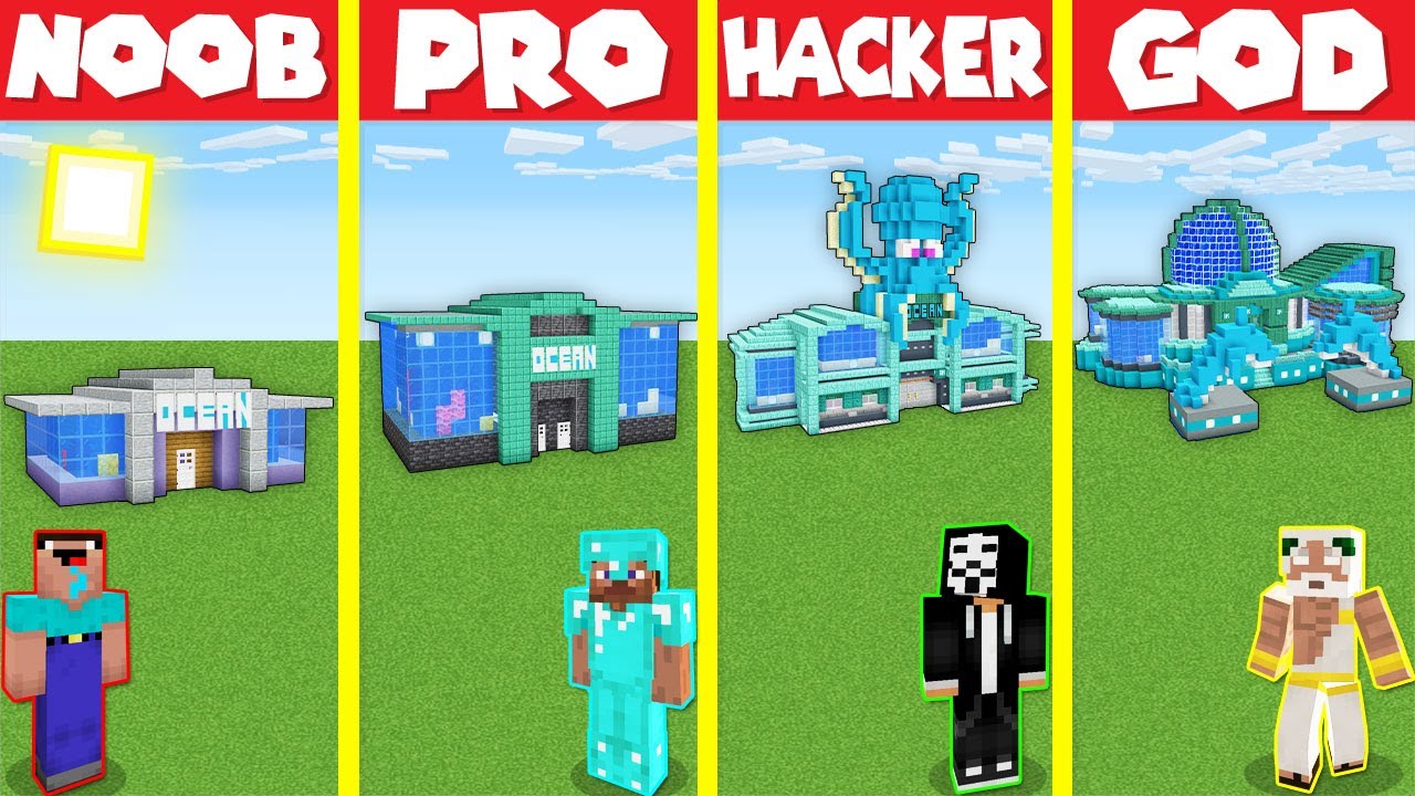 Minecraft Battle: OCEANARIUM AQUARIUM HOUSE BUILD CHALLENGE - NOOB vs PRO vs HACKER vs GOD Animation