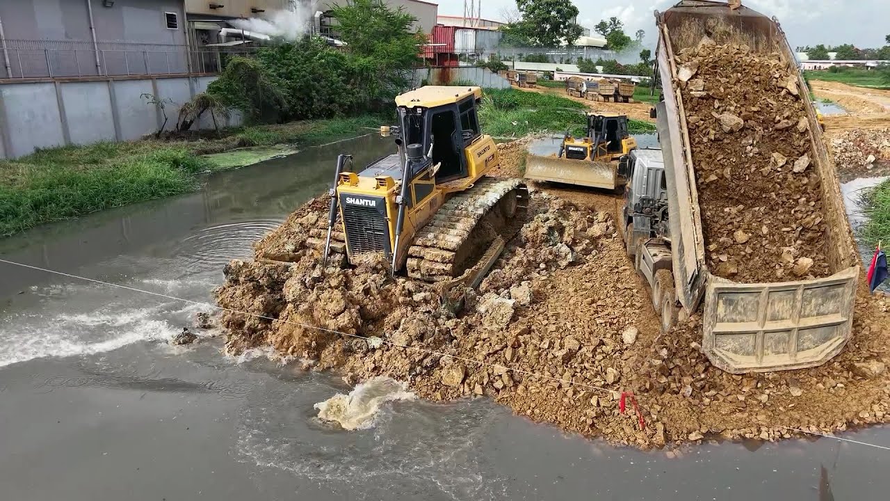 New Update Project New Road Building in Swap Water By Bulldozer SHANTUI, 25Ton Truck Dropping Dirt