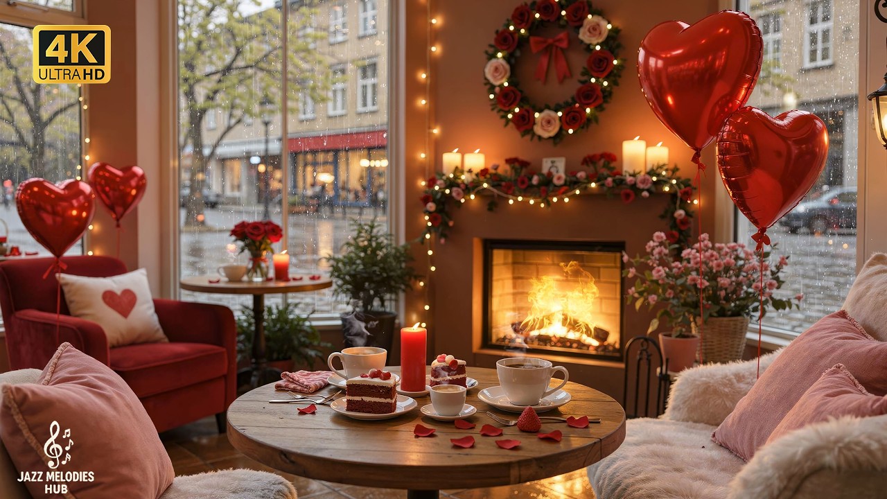 A Cozy Fireplace Café on Rainy Valentine’s Day 🍰💕 Smooth Jazz & Rain Sounds for Love Nights