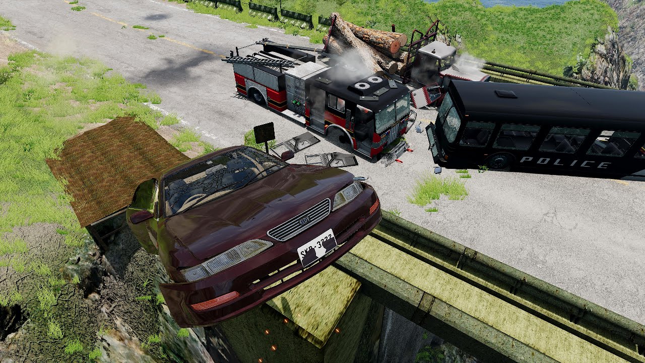 Insane Bridge Jump Chaos! Fiery Roadblock Leads to Epic Crashes – BeamNG.drive