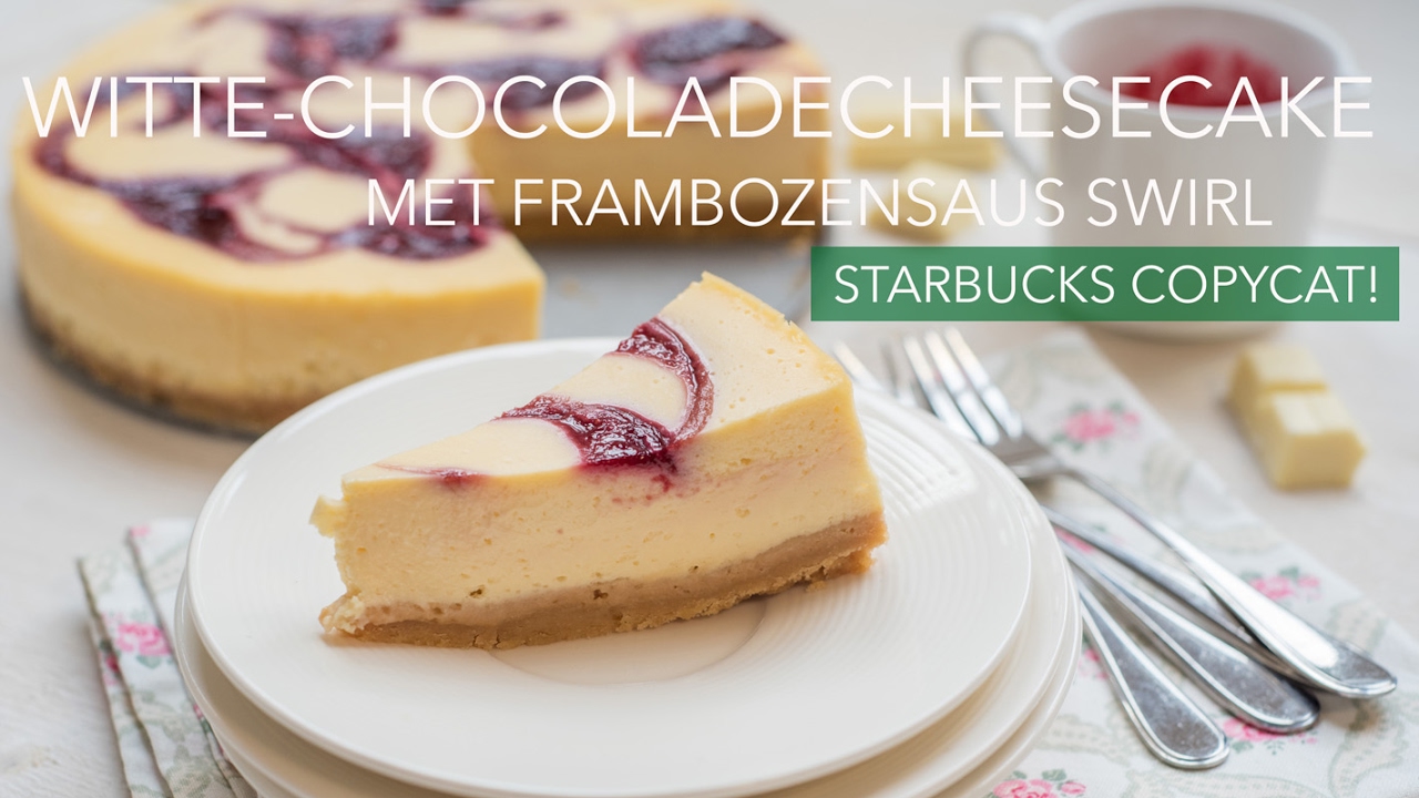 Witte chocoladecheesecake met frambozensaus swirl (Starbucks copycat!)