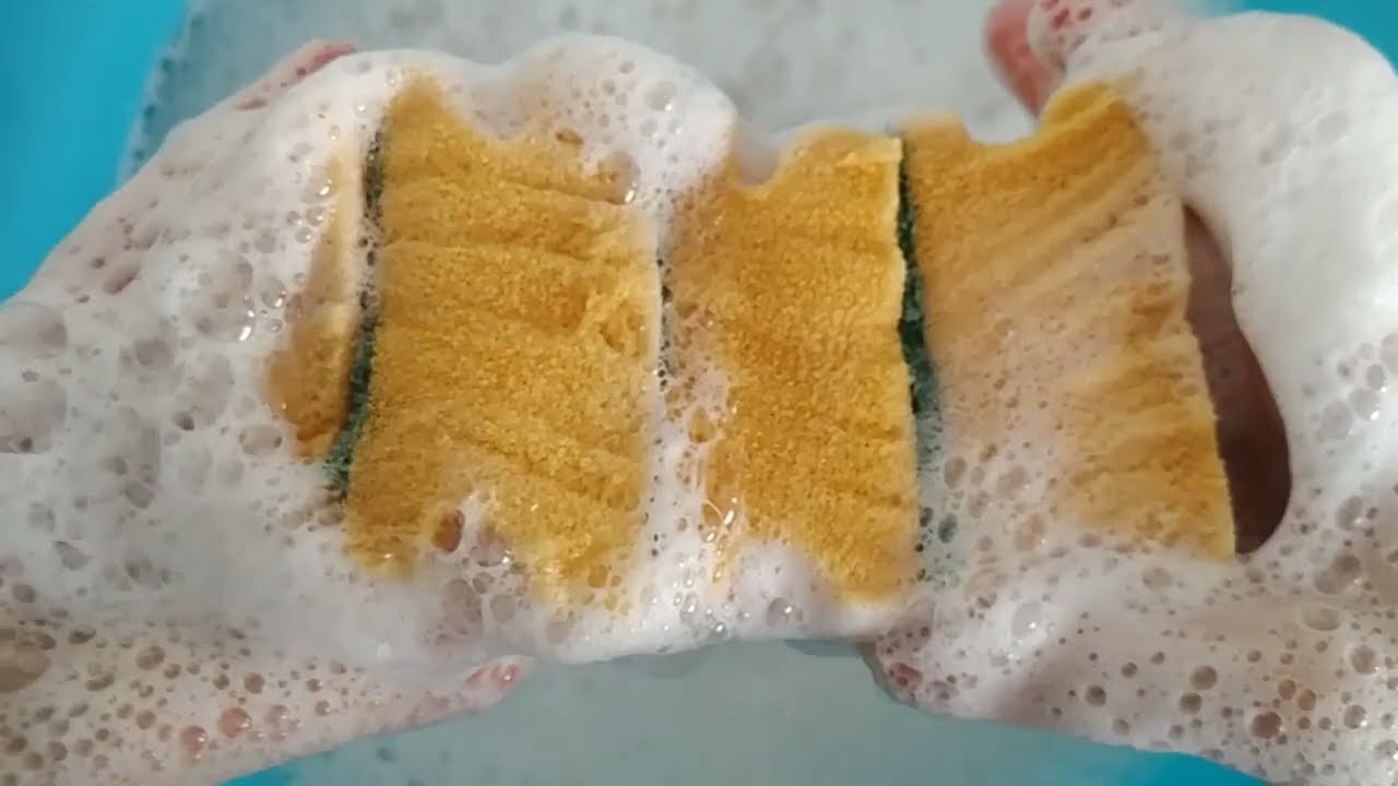 Bleached Kitchen Sponges Soapy Squeezing & Ripping | Sponge ASMR