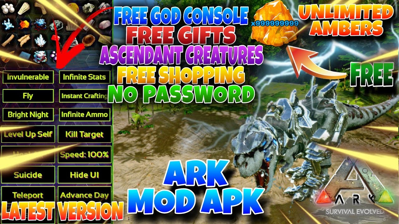 Ark Mobile Mod Apk + Mod Menu || Unlimited Ambers + God Console || Latest Version 2.0.29