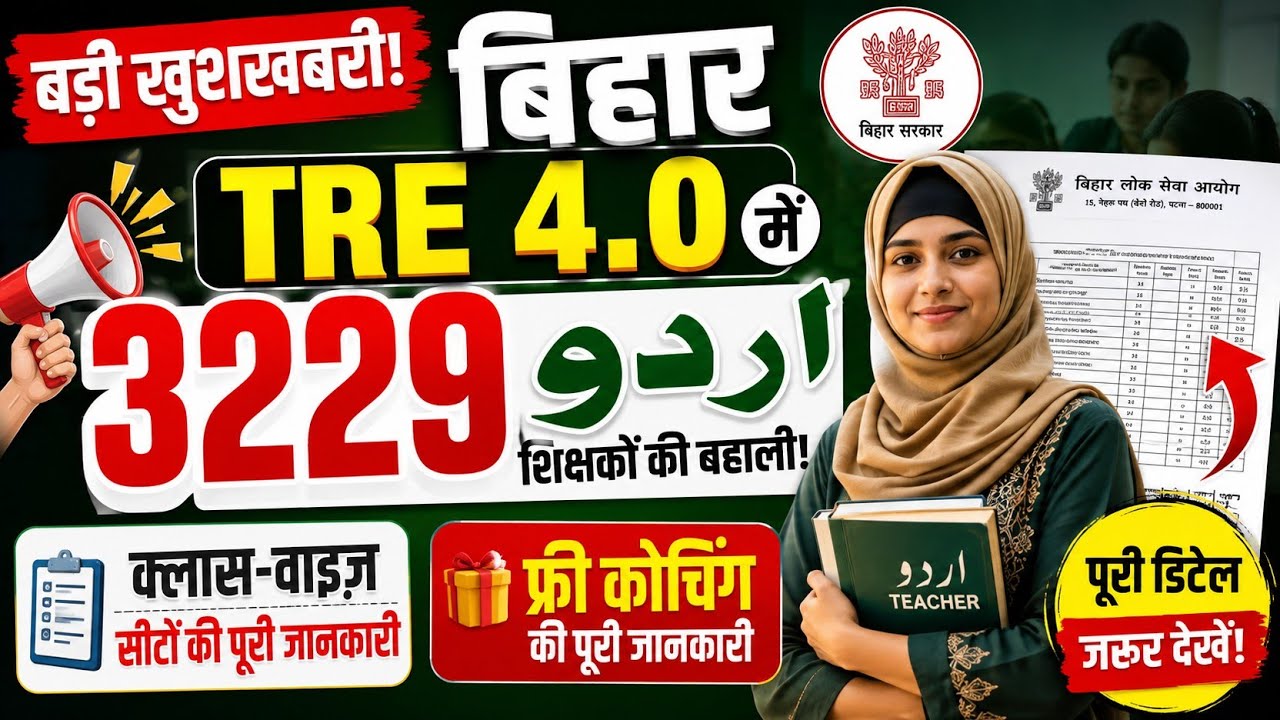 बिहार TRE 4.0 उर्दू शिक्षक बहाली का ऐलान! | 3229 Seats | Free Coaching Classes Details 