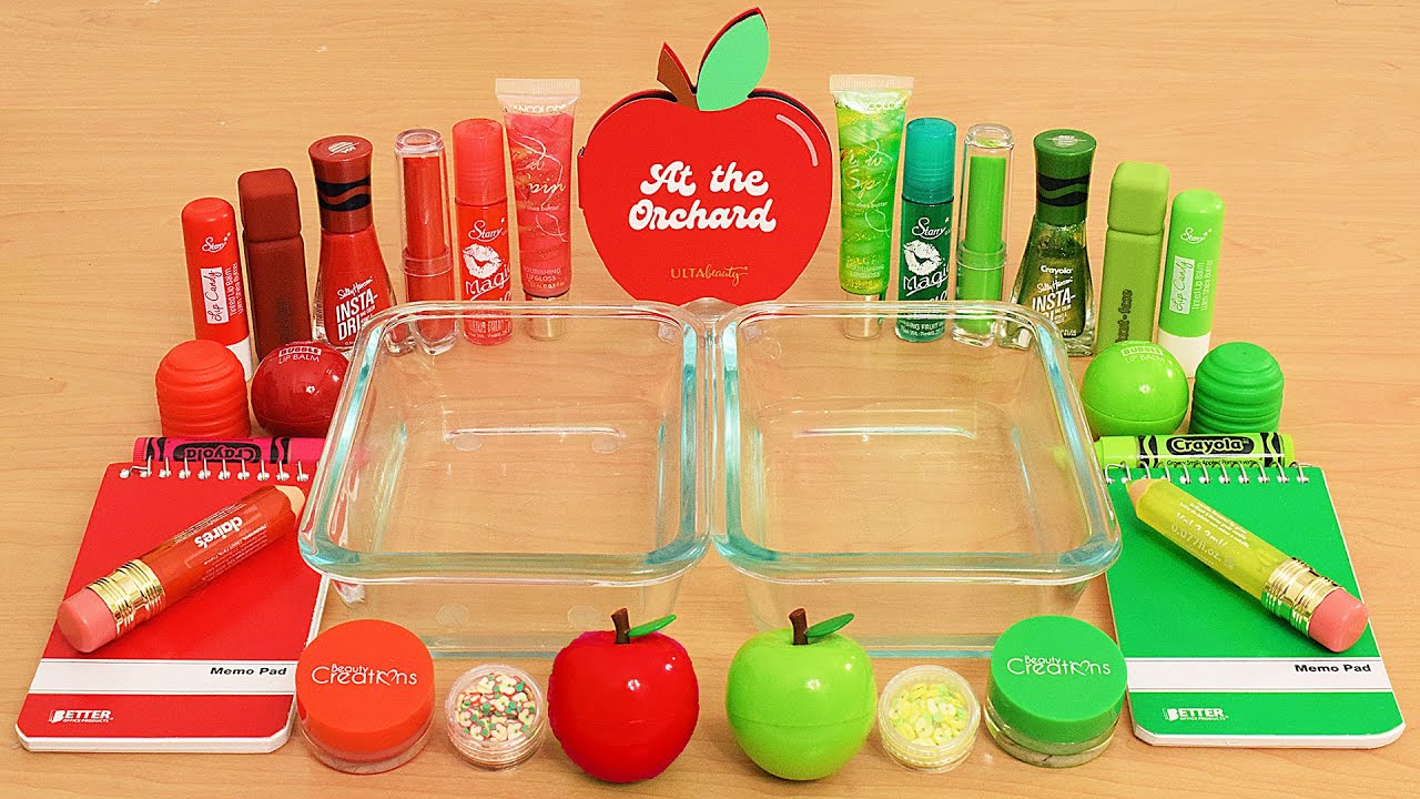 Satisfying Slime ASMR - Cutting Red vs Green Apple Makeup and Eyeshadow into Slime!