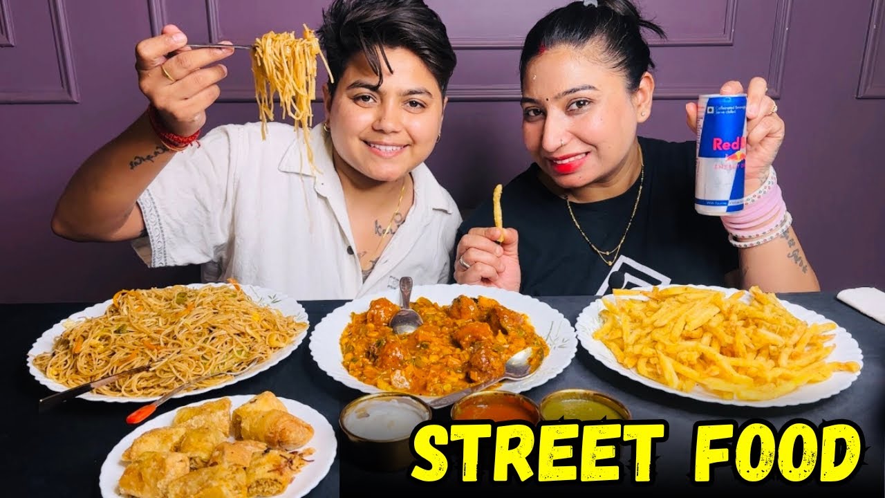 Indian Street Food Mukbang With Red Bull | Noodles | Spring Roll | Fries | Manchurian