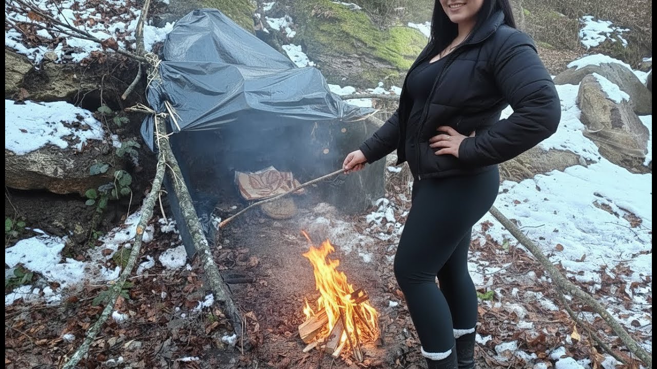 Woman Alone Building a Primitive Rain/Snow Shelter with Trash Bags 🌧 Simple Bushcraft Solo