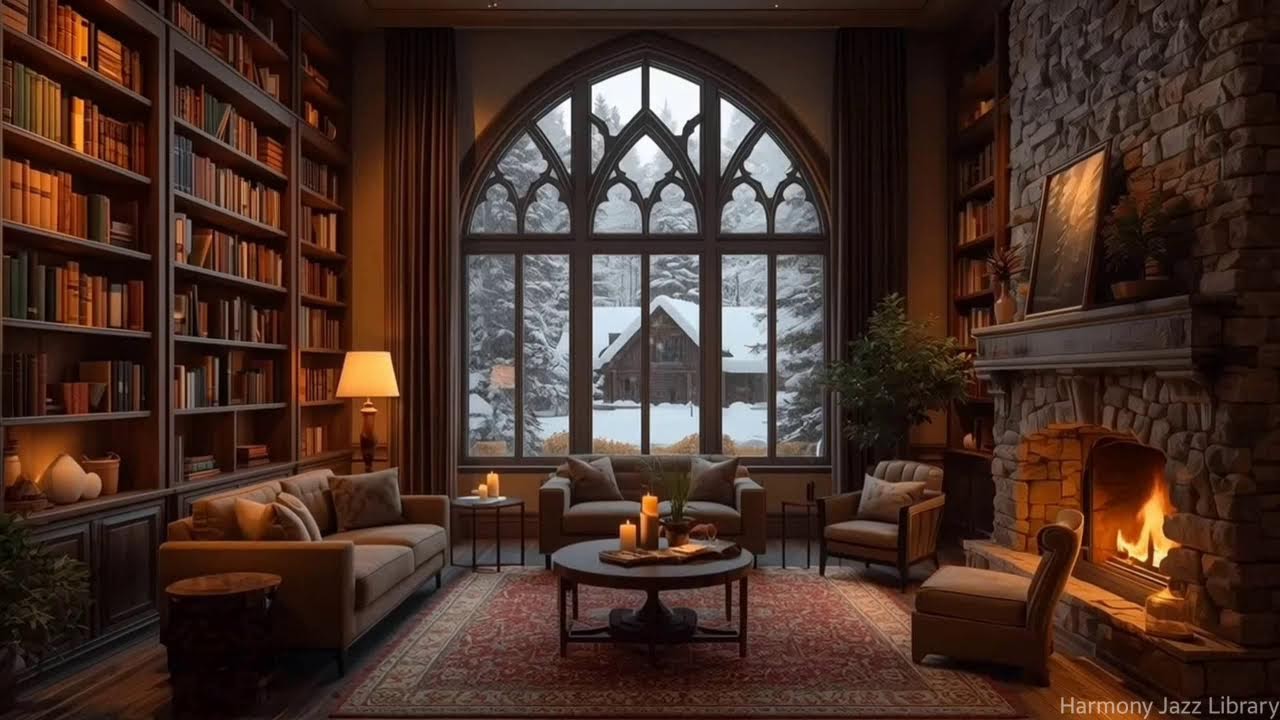 Calming Winter Jazz Snowy Cabin Library Retreat for Reading Comfort, Warm Lights & Quiet Focus