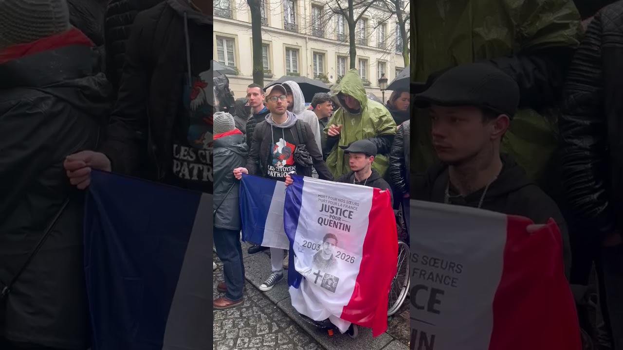 &laquo;&nbsp;Justice pour Quentin&nbsp;&raquo; sur un drapeau tricolore au rassemblement en hommage &agrave; Quentin