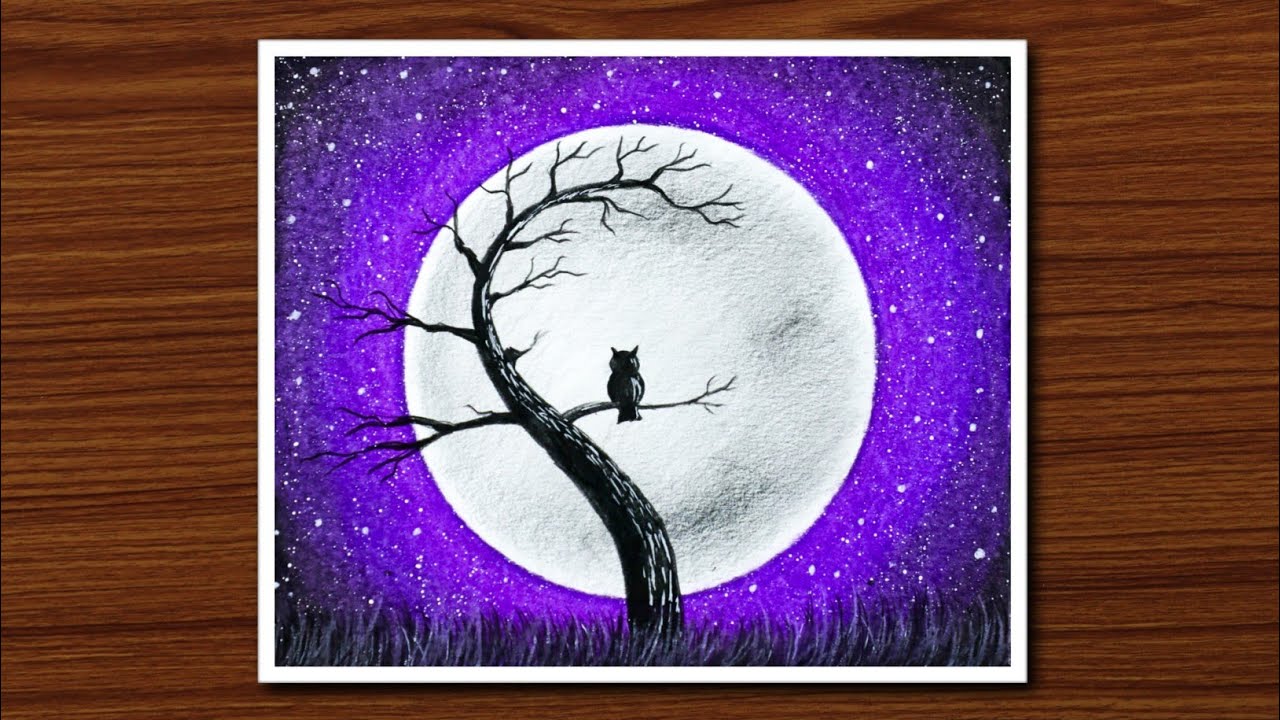 Easy Oil Pastel Drawing for Beginners - Owl Moonlight Scenery - Step by Step
