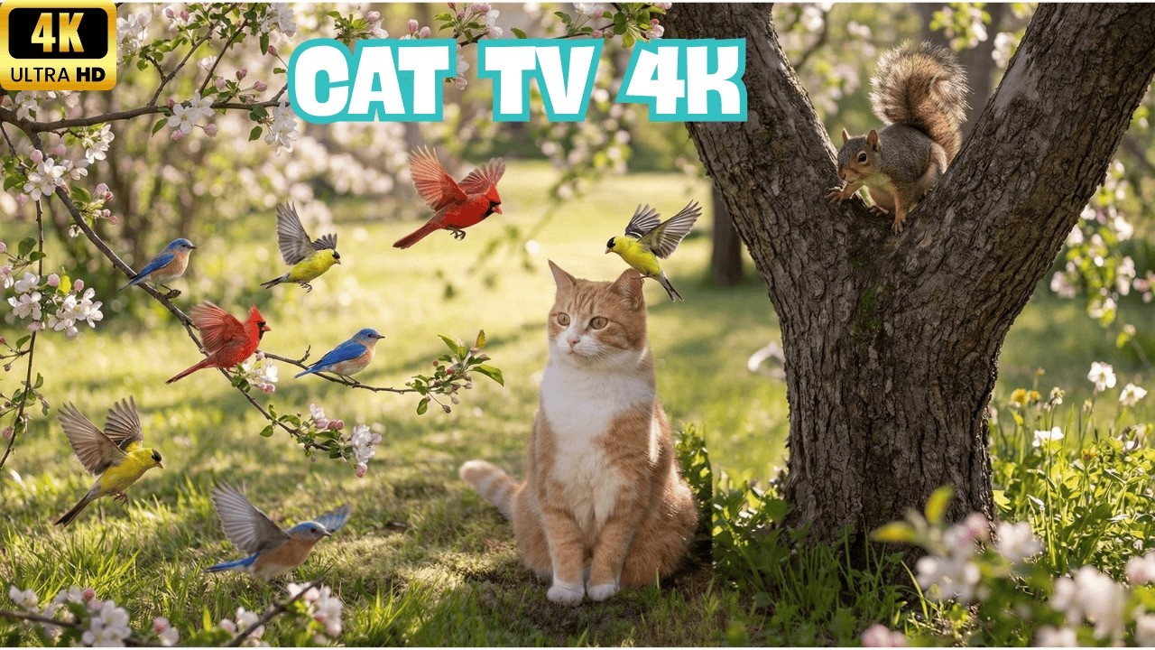 Cat TV For Cats To Watch 🐦 Birds Fluttering & a Watchful Squirrel | 1+ Hour 4K UHD