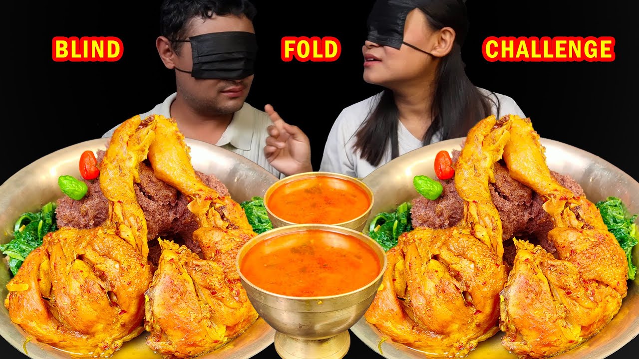 Couple Blindfold Eating Challenge, Eating Dhido & Spicy Chicken Curry, Food Challenge Nepali Mukbang