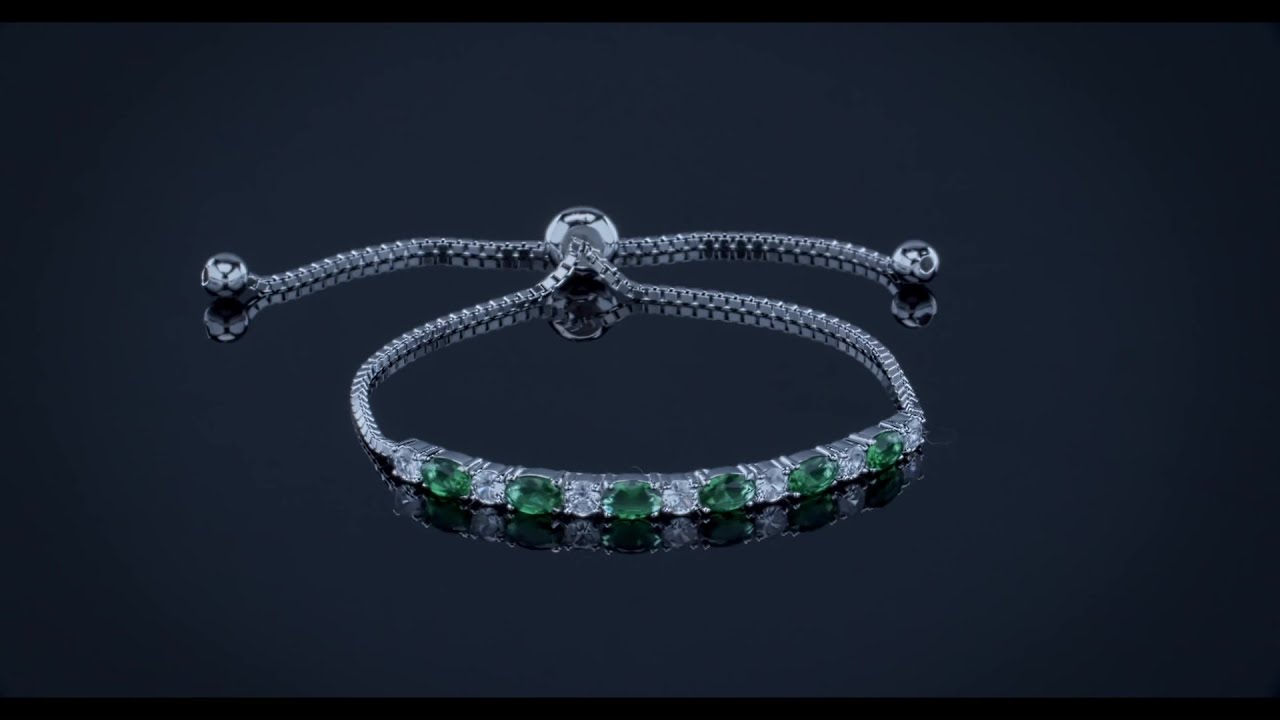 Alternating Oval Green Round Clear CZ Tennis Bracelet Bolo Style