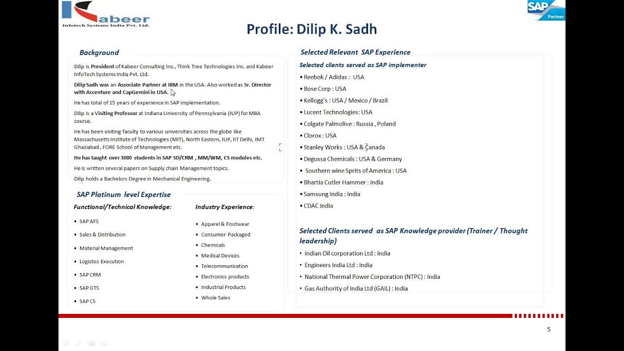 Dilip Sadh  Professional Profile