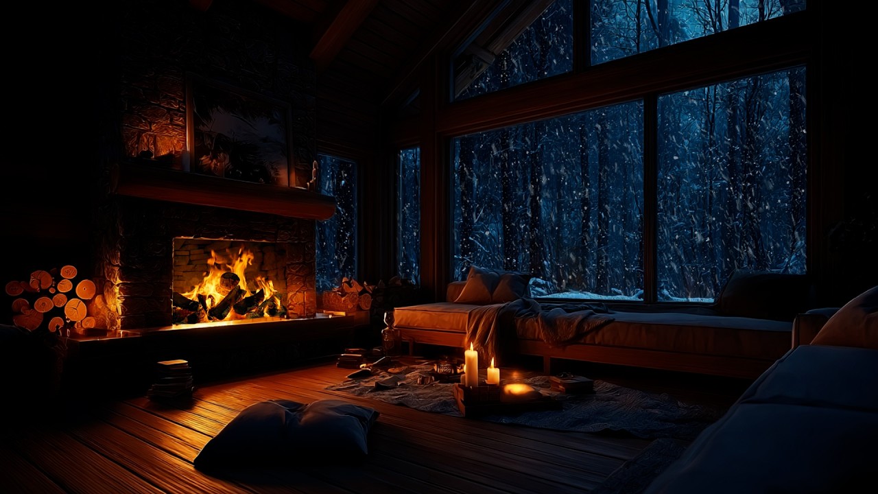 ❄️ Cozy Snowfall Night with Piano & Fireplace | Warm Winter Ambience for Relaxation and Sleep