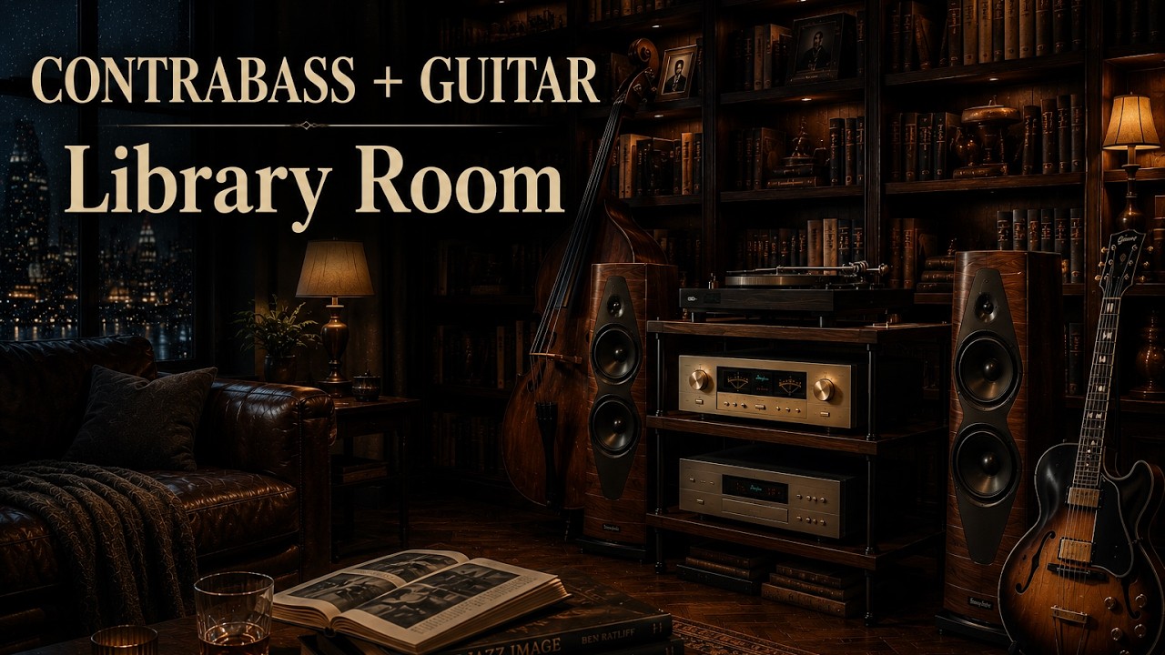 Late Night Contrabass + Guitar Soft Jazz | Library Listening Room for Rainy Midnight Reading