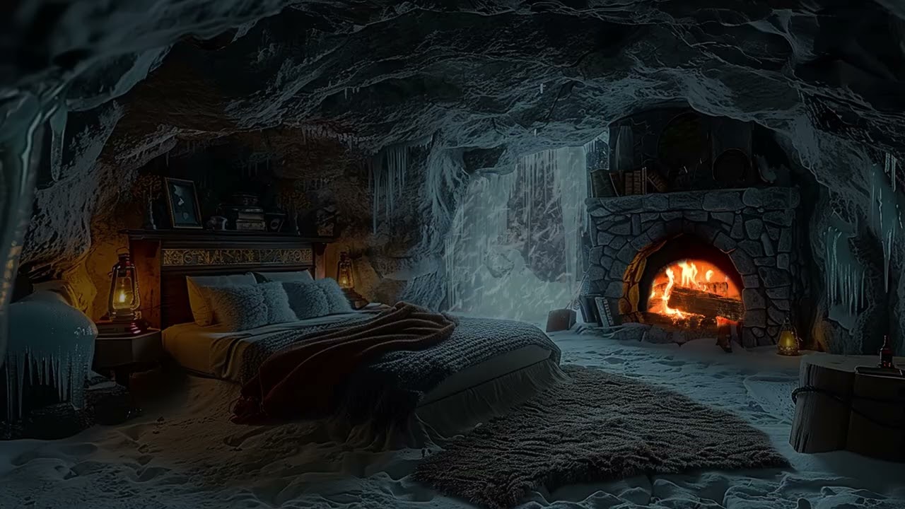 ❄️Relaxing in a Cave on a Cold Winter Day | Winter Ambience | Snowstorm Sounds For Sleeping🌲❄️❄️