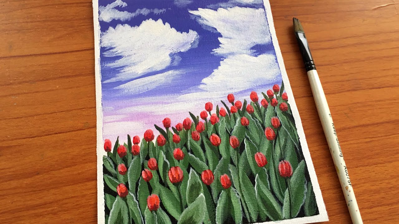 Acrylic Painting Tulip field for beginners | How to paint Tulips | Step by step