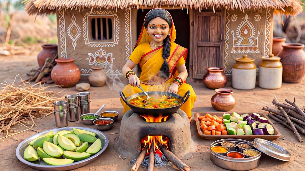 Miniature Doll Makes Raw Mango Sherbet & Corn Curry ASMR 🍋🌽 | Indian Village Tiny Kitchen Cooking