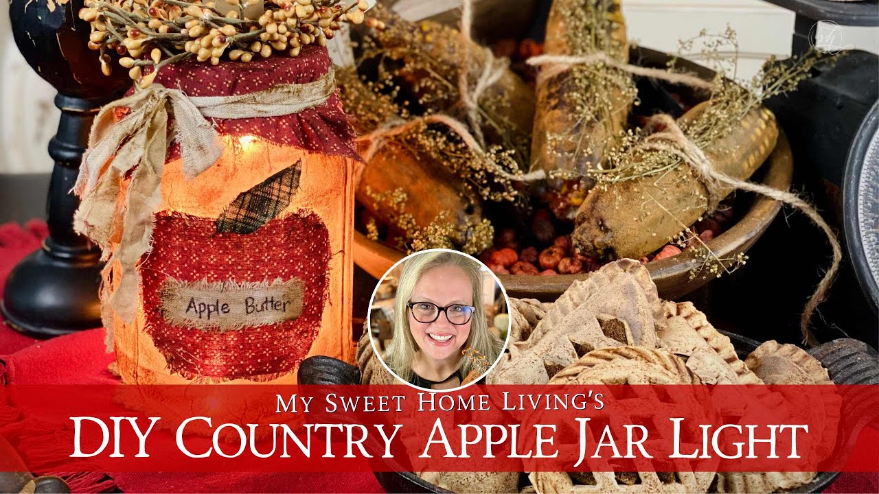 Primitive Country Apple Themed Jar Lamp Craft Idea for Fall Decor