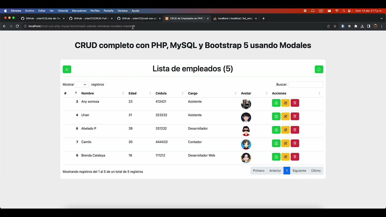𝗖𝗥𝗨𝗗 𝗰𝗼𝗺𝗽𝗹𝗲𝘁𝗼 𝗰𝗼𝗻 𝗣𝗛𝗣, 𝗠𝘆𝗦𝗤𝗟 𝘆 𝗕𝗼𝗼𝘁𝘀𝘁𝗿𝗮𝗽 𝟱 𝘂𝘀𝗮𝗻𝗱𝗼 𝗠𝗼𝗱𝗮𝗹𝗲𝘀 (Crea, Lee, Actualiza y Elimina)