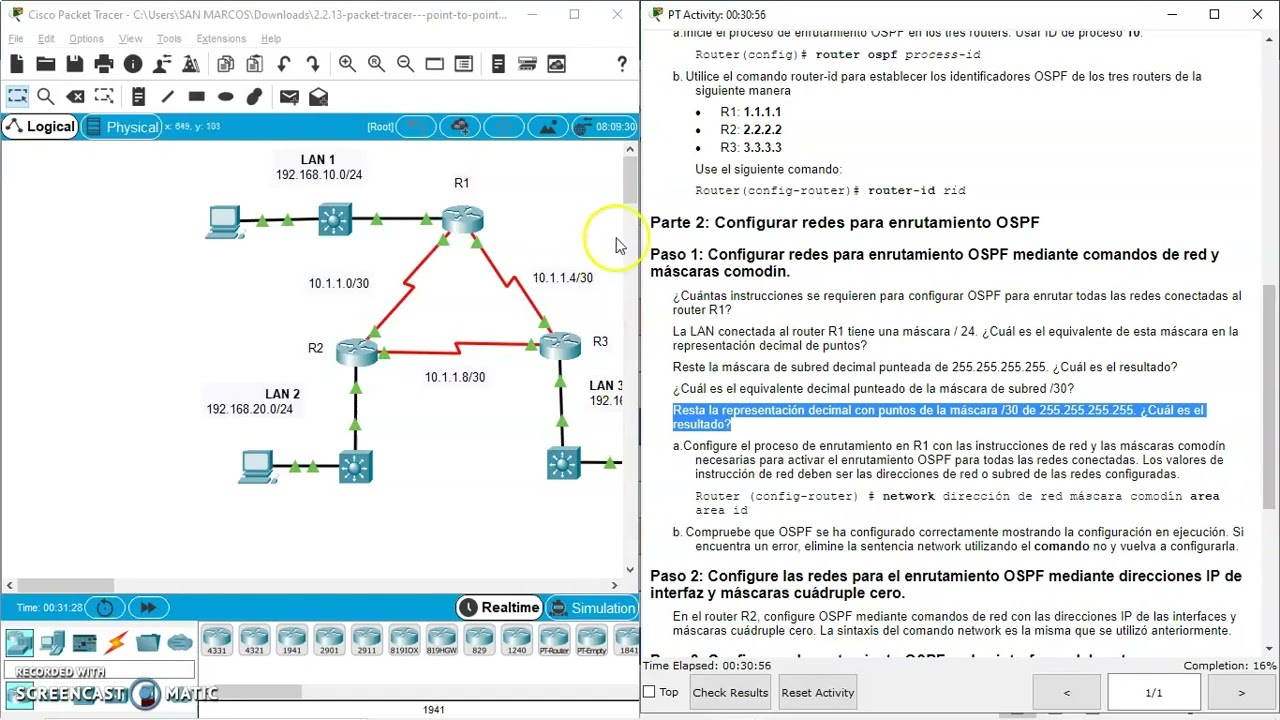 CCNA3v7 2.2.13. Configuración OSPFv2 de área única punto a punto