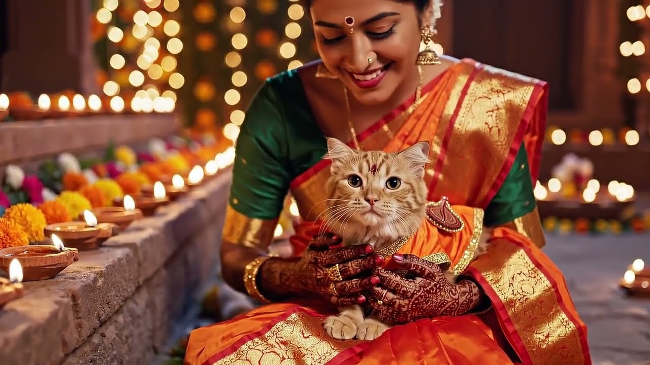 A Peaceful Afternoon with a Woman in Traditional Indian Dress and Her Cat