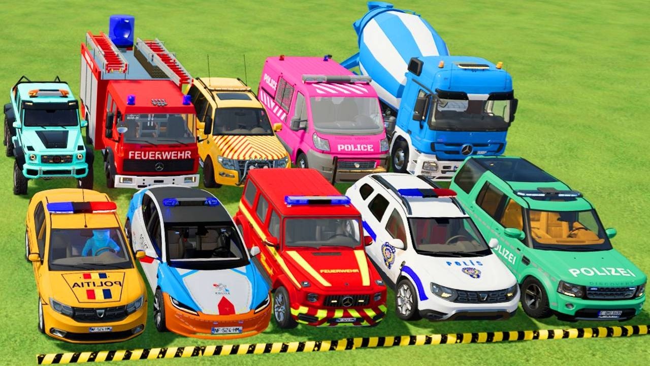 TRANSPORTING POLICE CARS, AMBULANCE, FIRE TRUCK, COLORFUL CARS WITH TRUCK -FARMING SIMULATOR 22!