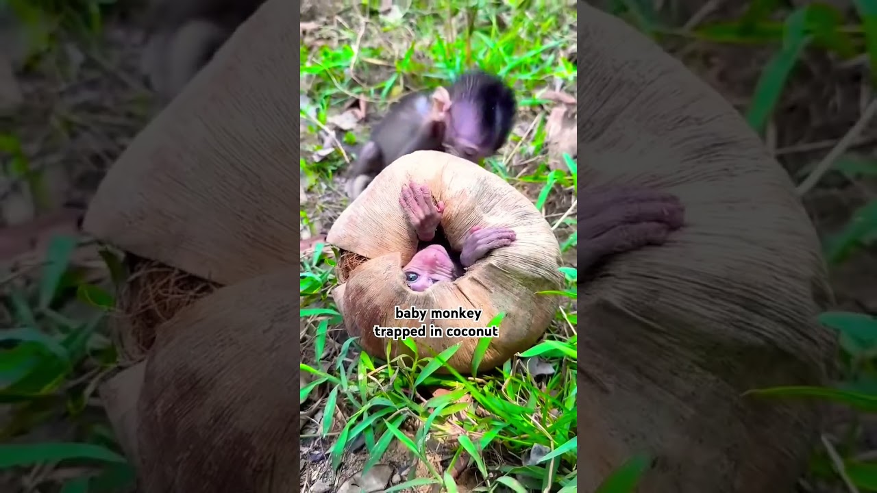 baby monkey stuck in coconut #shorts #funny