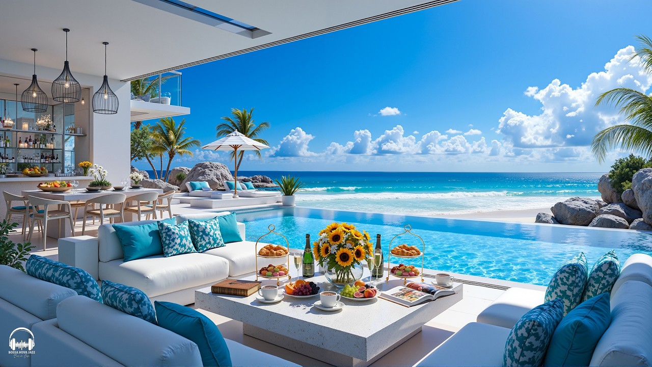 Sweet Morning Bossa Nova at Luxury Beach Villa Ambience 🌊 Relaxing Jazz BGM & Ocean Wave Sounds
